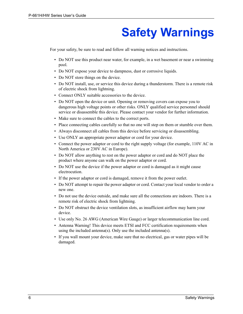 Safety warnings | ZyXEL Communications P-661H Series User Manual | Page 6 / 383