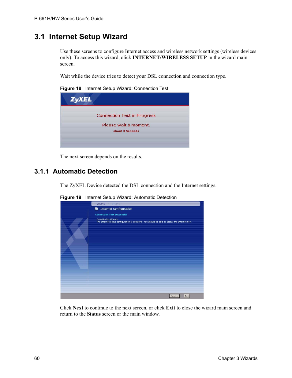 1 internet setup wizard, 1 automatic detection | ZyXEL Communications P-661H Series User Manual | Page 60 / 383