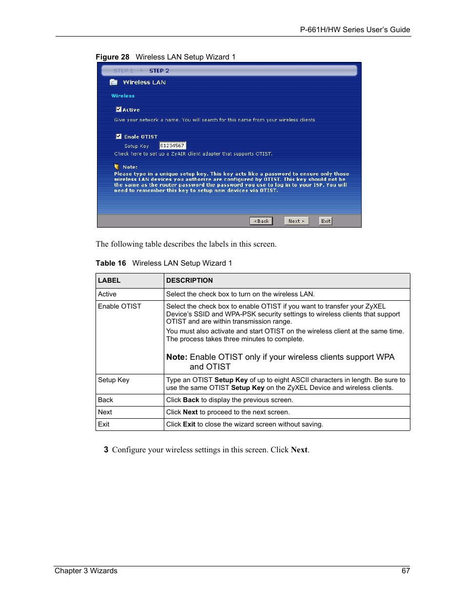 Figure 28 wireless lan setup wizard 1, Table 16 wireless lan setup wizard 1 | ZyXEL Communications P-661H Series User Manual | Page 67 / 383