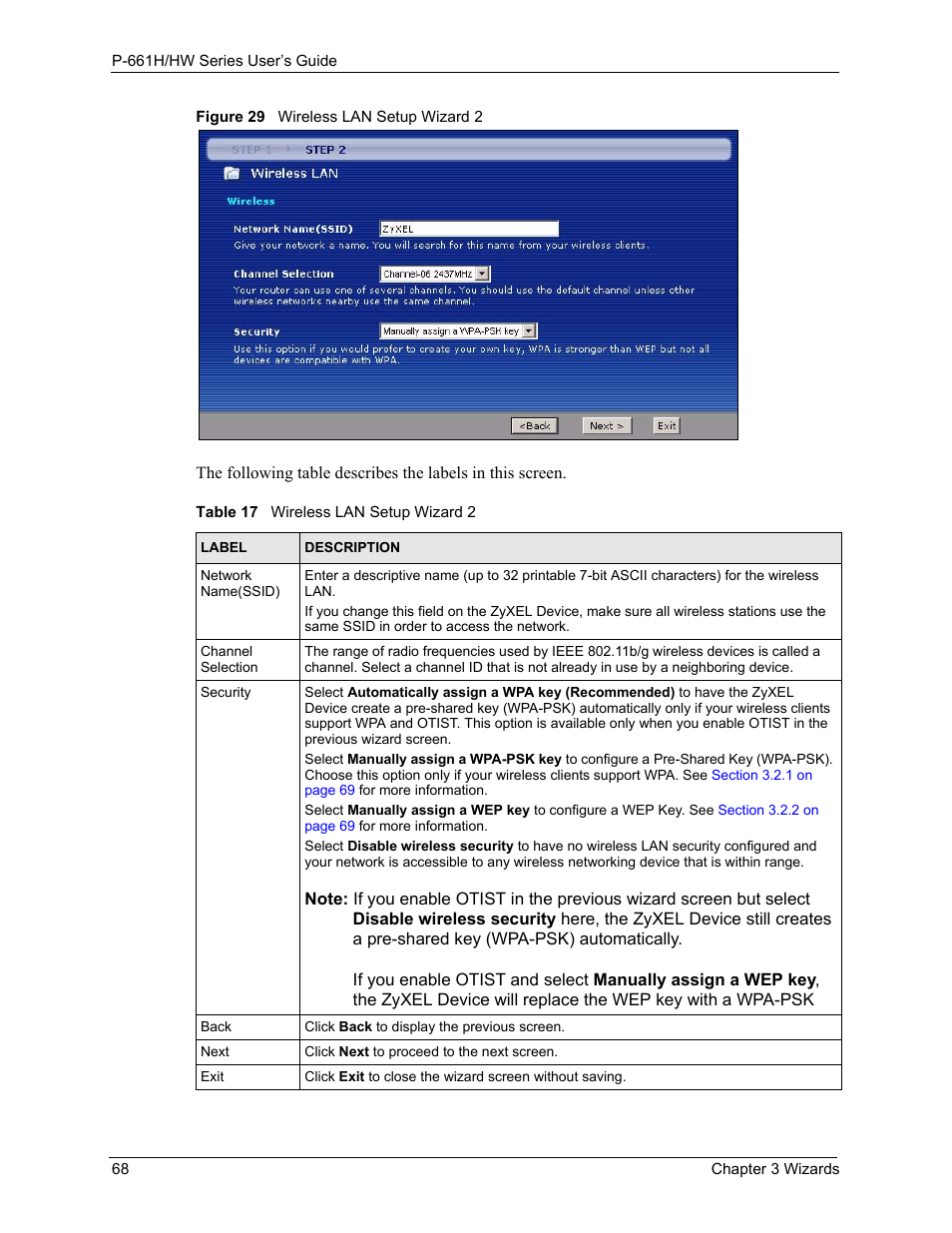 Figure 29 wireless lan setup wizard 2, Table 17 wireless lan setup wizard 2 | ZyXEL Communications P-661H Series User Manual | Page 68 / 383