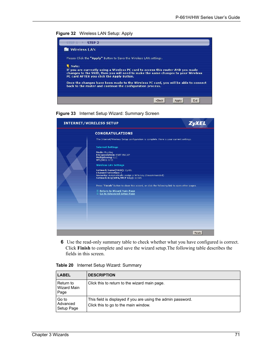 Table 20 internet setup wizard: summary | ZyXEL Communications P-661H Series User Manual | Page 71 / 383