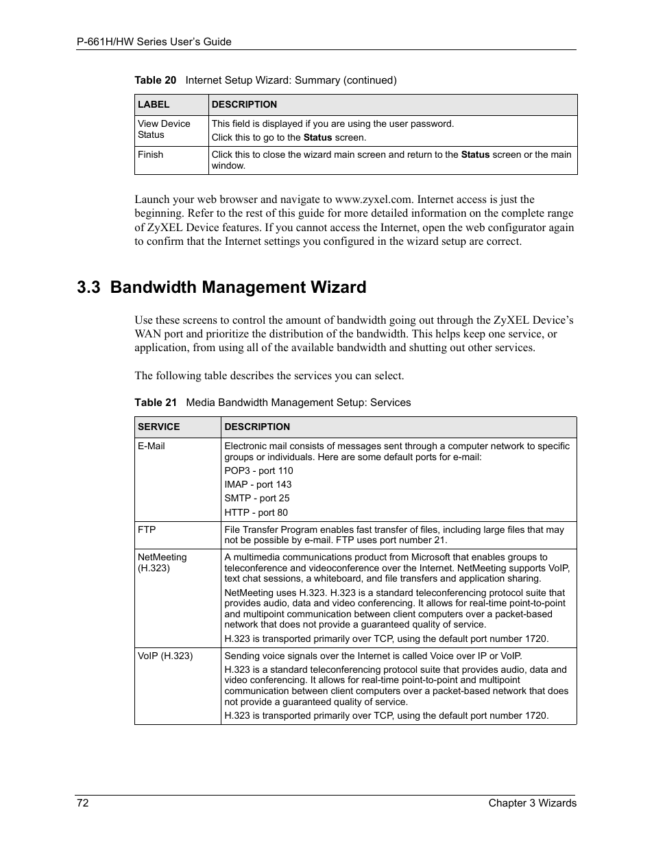 3 bandwidth management wizard, Section 3.3 on | ZyXEL Communications P-661H Series User Manual | Page 72 / 383