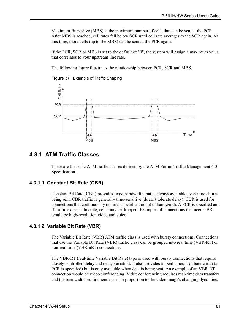 1 atm traffic classes, Figure 37 example of traffic shaping | ZyXEL Communications P-661H Series User Manual | Page 81 / 383