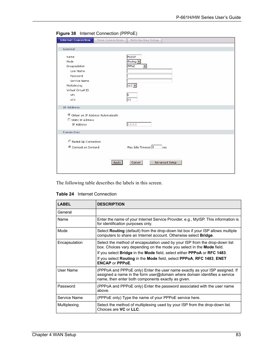 Figure 38 internet connection (pppoe), Table 24 internet connection | ZyXEL Communications P-661H Series User Manual | Page 83 / 383