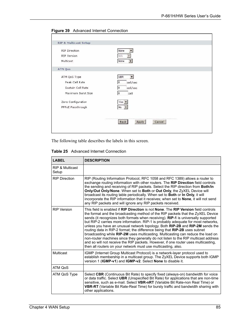 Figure 39 advanced internet connection, Table 25 advanced internet connection | ZyXEL Communications P-661H Series User Manual | Page 85 / 383
