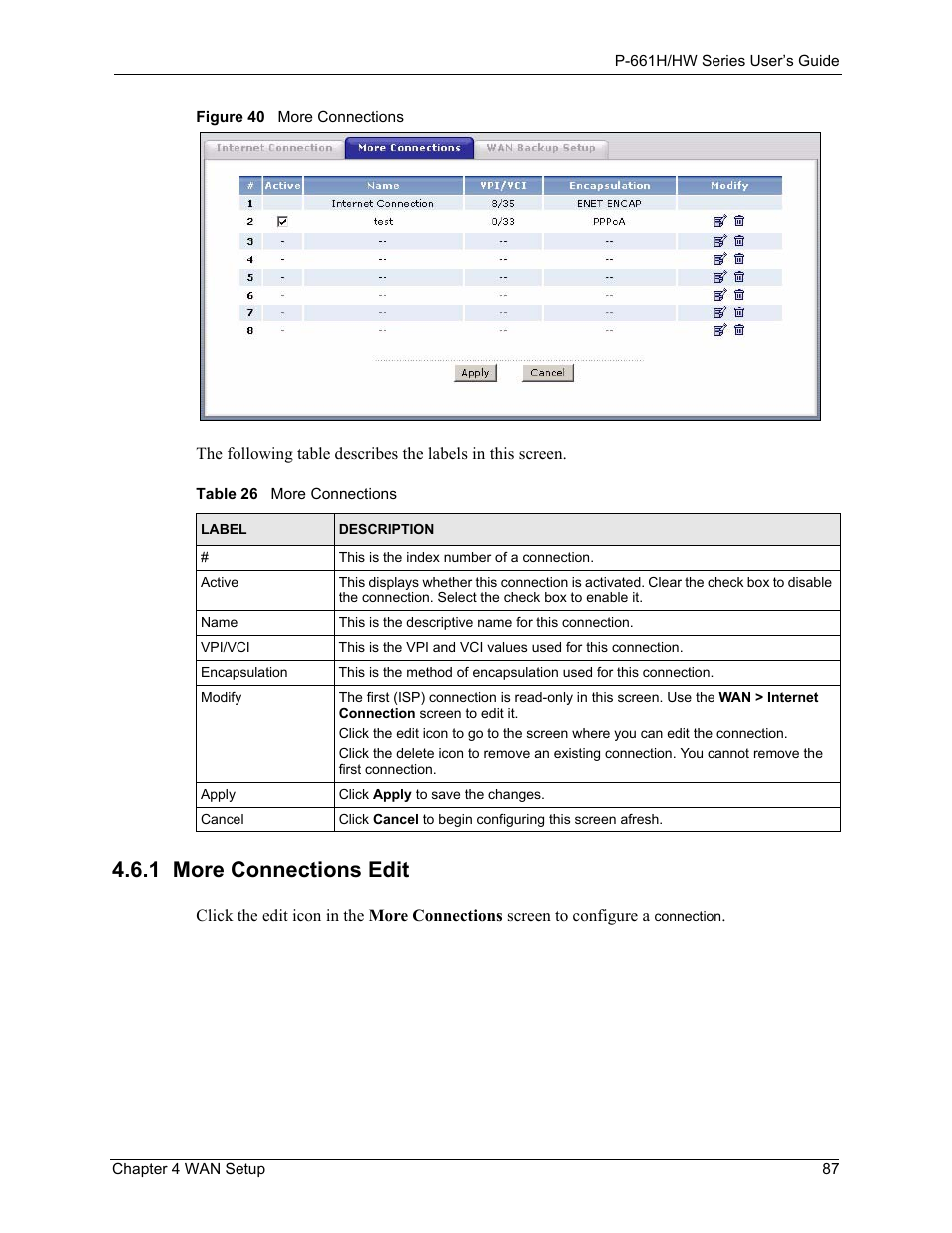 1 more connections edit, Figure 40 more connections, Table 26 more connections | ZyXEL Communications P-661H Series User Manual | Page 87 / 383