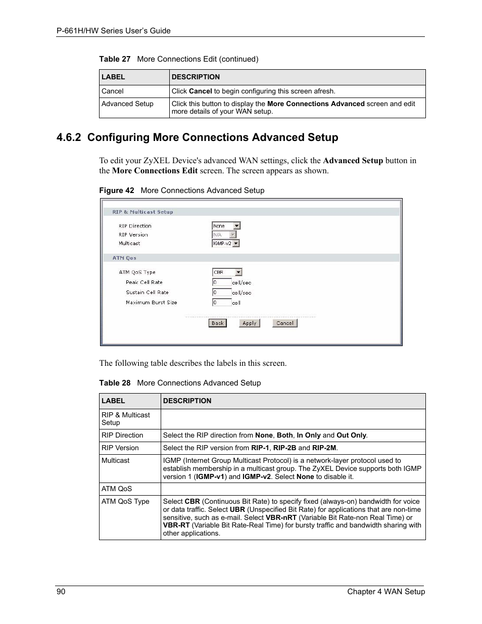 2 configuring more connections advanced setup, Figure 42 more connections advanced setup, Table 28 more connections advanced setup | ZyXEL Communications P-661H Series User Manual | Page 90 / 383