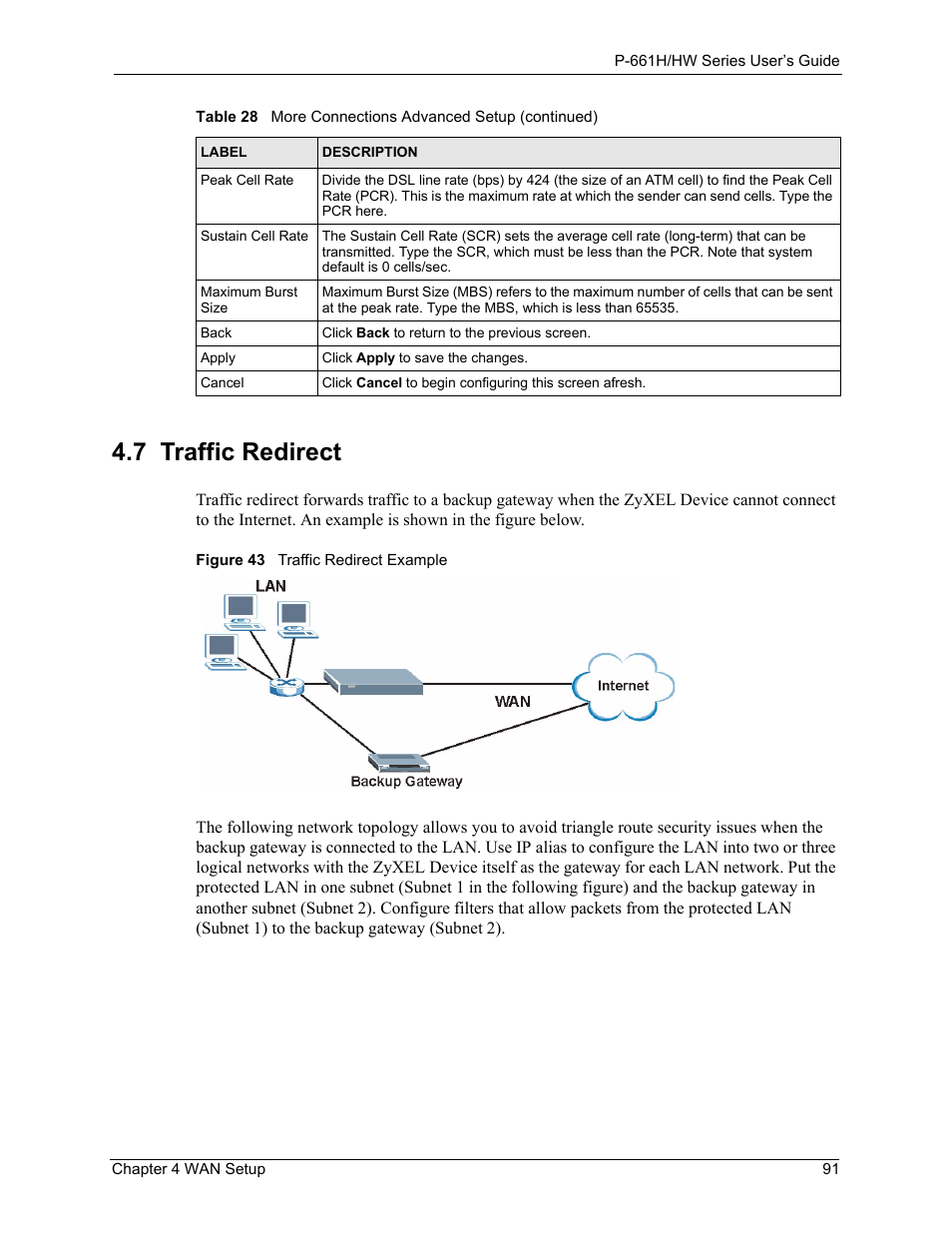 7 traffic redirect, Figure 43 traffic redirect example | ZyXEL Communications P-661H Series User Manual | Page 91 / 383