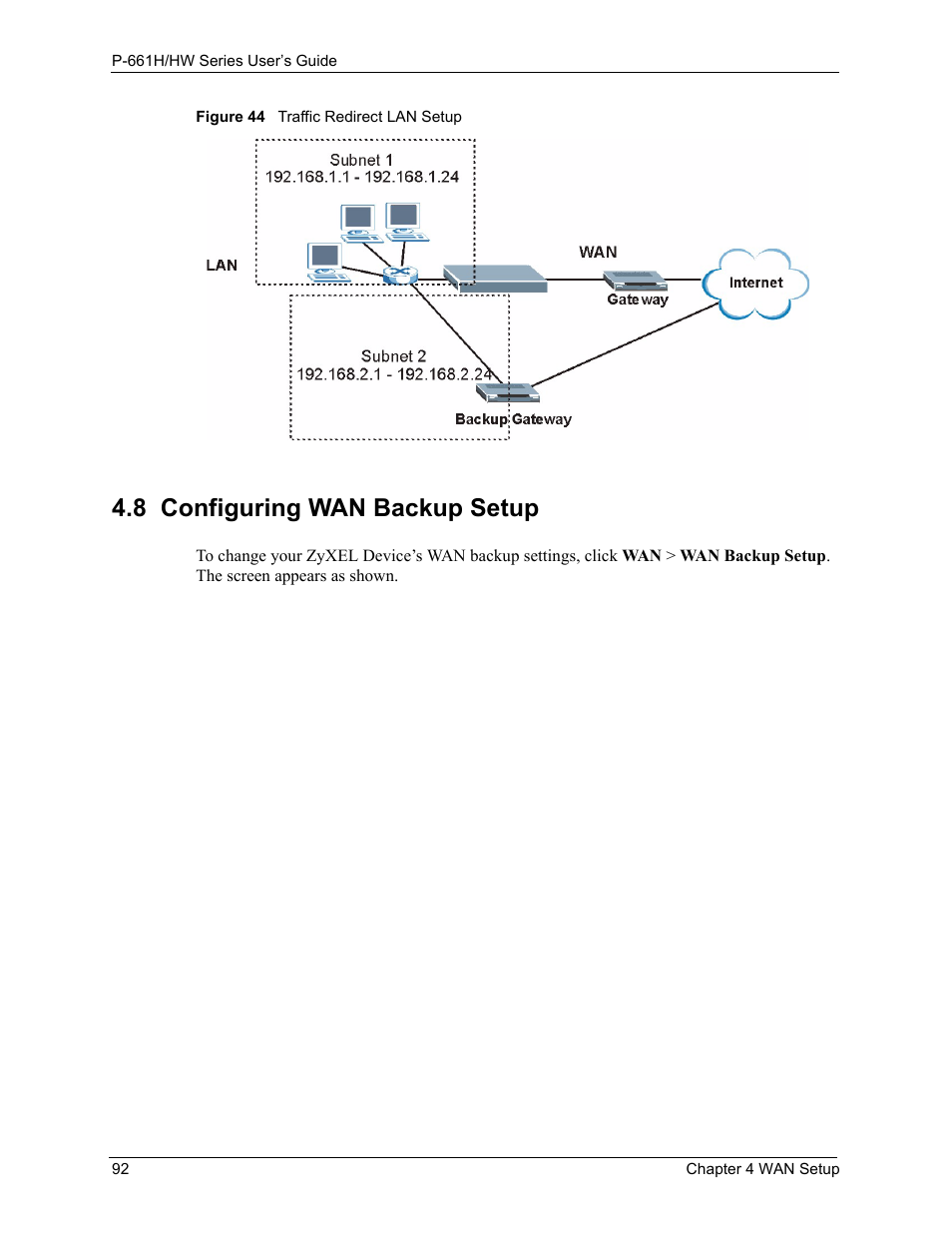 8 configuring wan backup setup, Figure 44 traffic redirect lan setup | ZyXEL Communications P-661H Series User Manual | Page 92 / 383