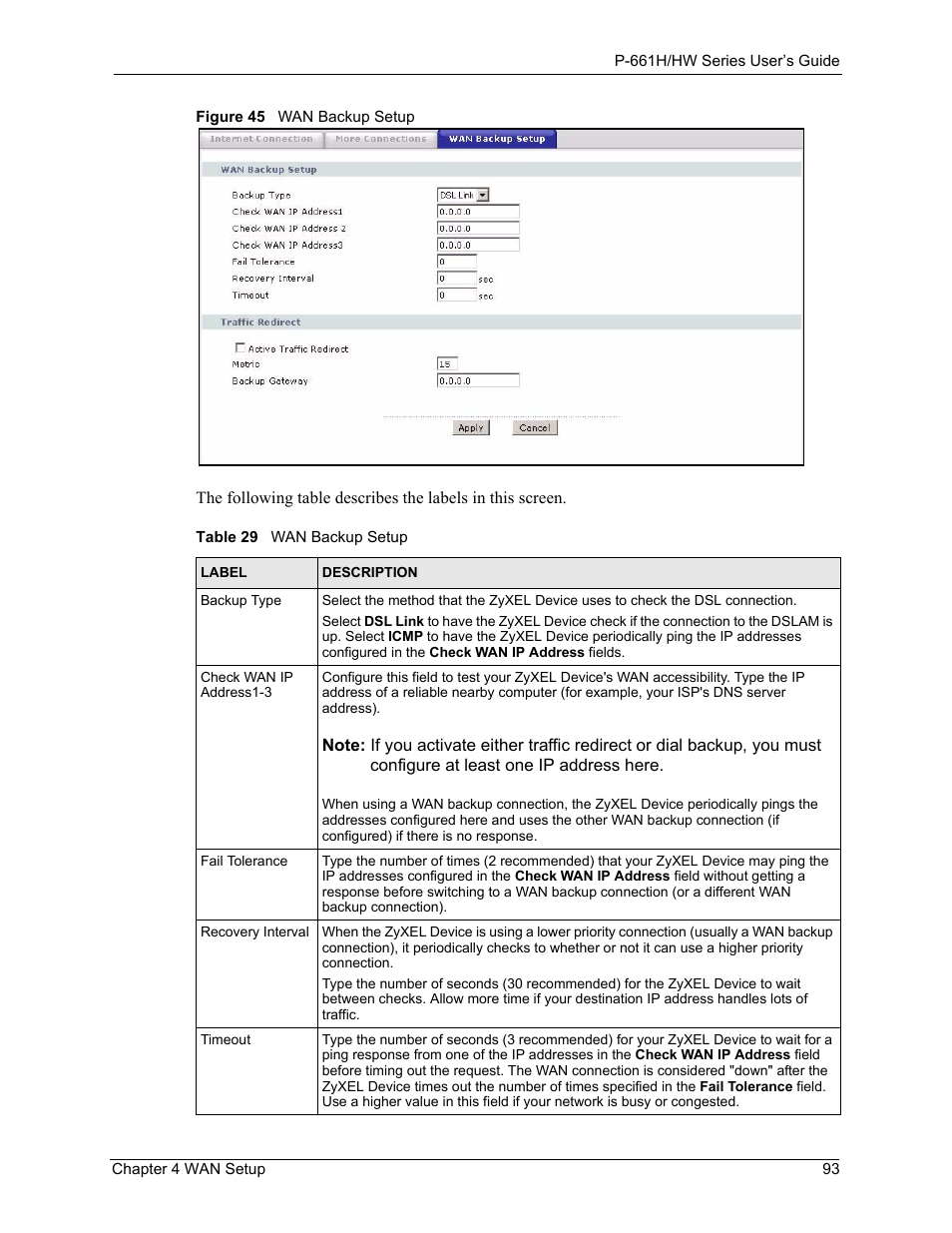 Figure 45 wan backup setup, Table 29 wan backup setup | ZyXEL Communications P-661H Series User Manual | Page 93 / 383