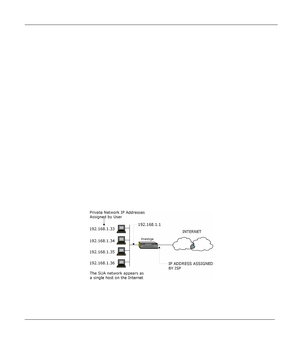 Sua and multiple sua servers, Single user account (sua), Basics | Chapter 4 : sua and multiple sua servers -1, Single user account (sua) -1, Basics -1, Figure 4-1, An example of single user account topology -1, Chapter 4: sua and multiple sua servers, 1 single user account (sua) | ZyXEL Communications Prestige 310 User Manual | Page 57 / 161