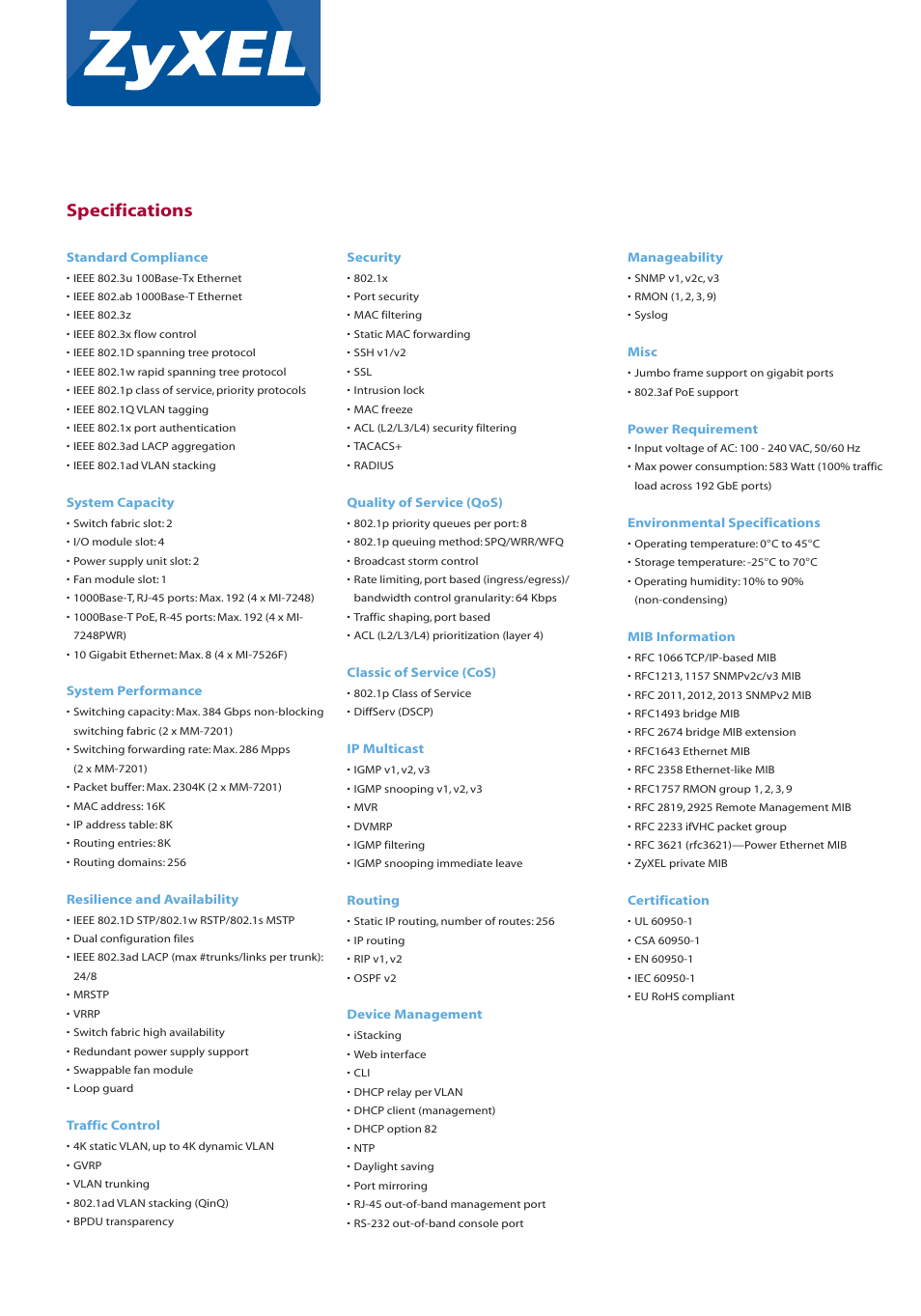 Specifications | ZyXEL Communications GS1500-24P User Manual | Page 5 / 6
