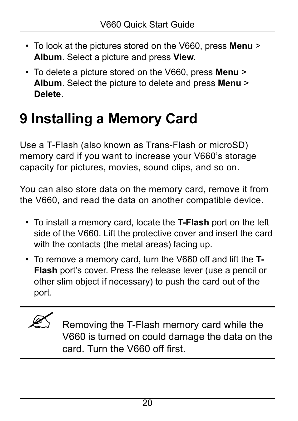 9 installing a memory card, Installing a memory card, See p | ZyXEL Communications V660 User Manual | Page 21 / 23