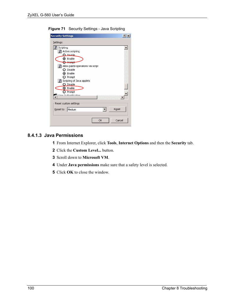 3 java permissions, Figure 71 security settings - java scripting | ZyXEL Communications 802.11g Wireless Access Point ZyXEL G-560 User Manual | Page 100 / 144
