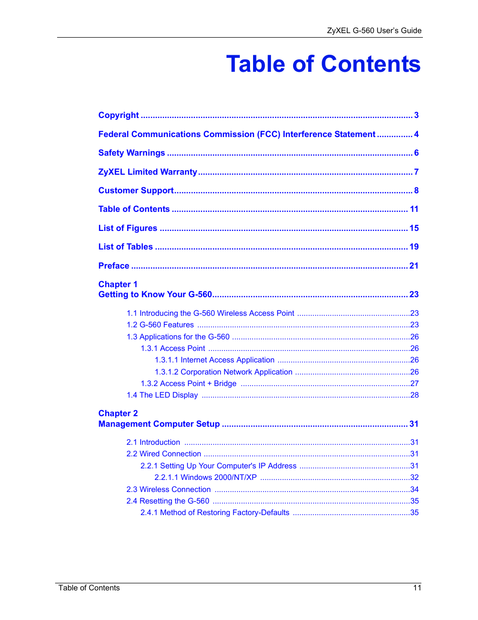 ZyXEL Communications 802.11g Wireless Access Point ZyXEL G-560 User Manual | Page 11 / 144