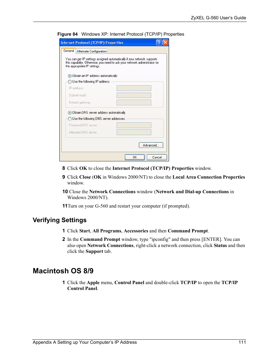Verifying settings, Macintosh os 8/9 | ZyXEL Communications 802.11g Wireless Access Point ZyXEL G-560 User Manual | Page 111 / 144