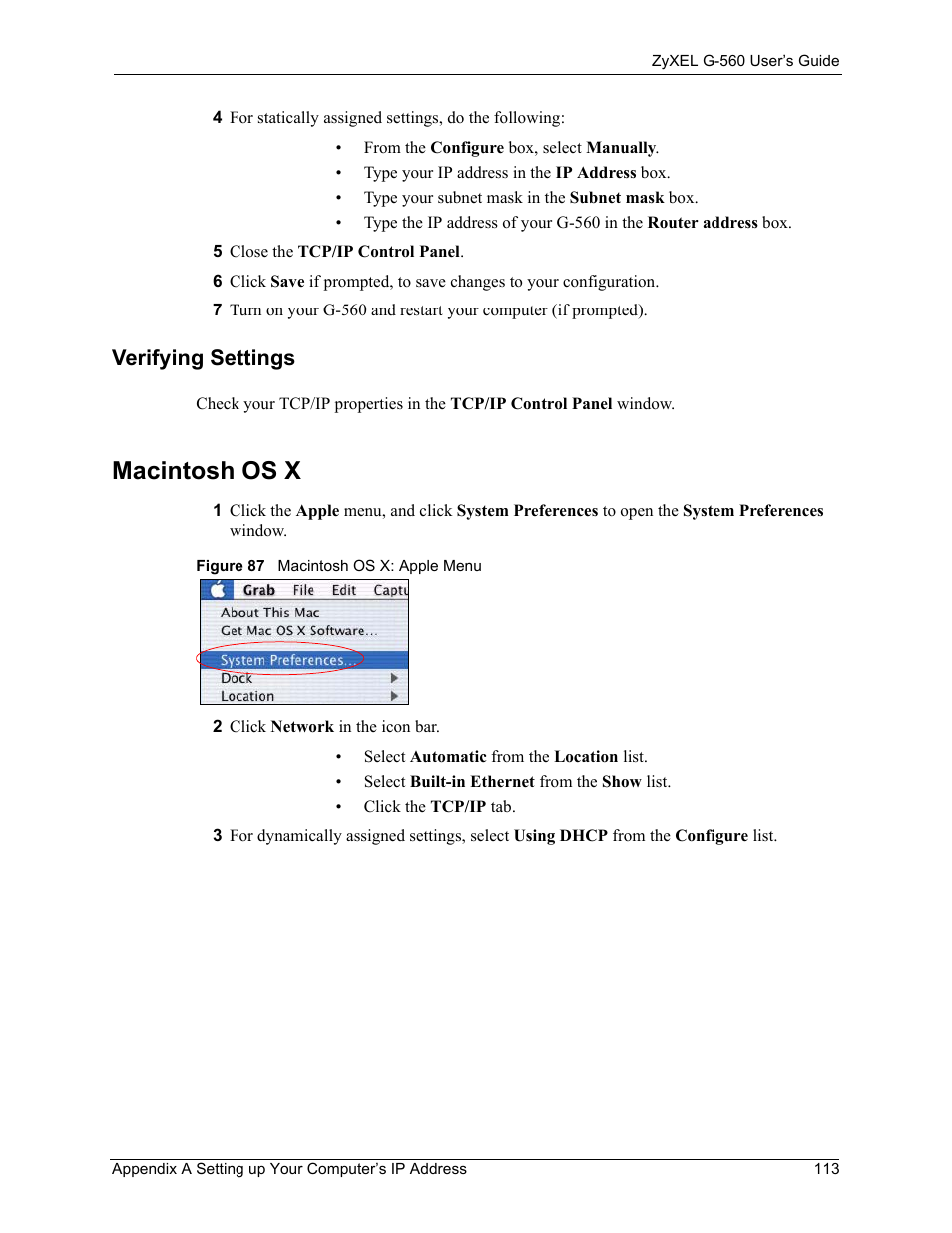 Verifying settings, Macintosh os x, Figure 87 macintosh os x: apple menu | ZyXEL Communications 802.11g Wireless Access Point ZyXEL G-560 User Manual | Page 113 / 144