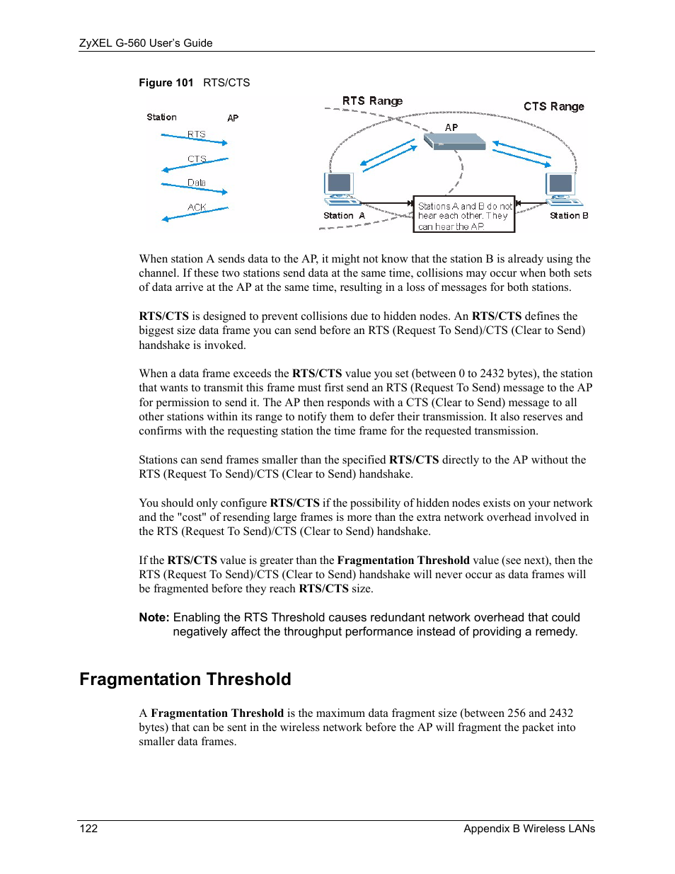 Fragmentation threshold, Figure 101 rts/cts | ZyXEL Communications 802.11g Wireless Access Point ZyXEL G-560 User Manual | Page 122 / 144