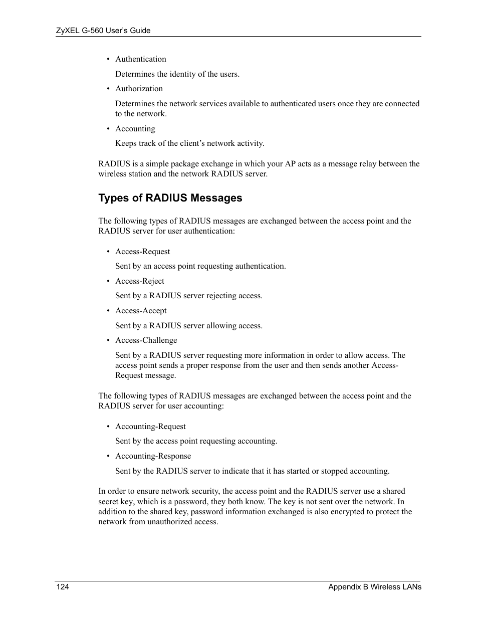 Types of radius messages | ZyXEL Communications 802.11g Wireless Access Point ZyXEL G-560 User Manual | Page 124 / 144