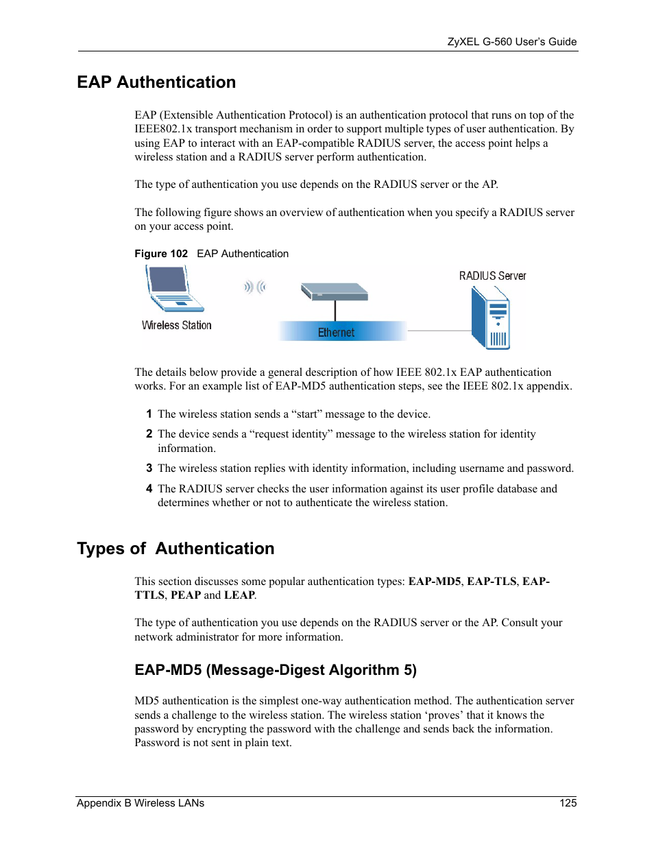Eap authentication, Types of authentication, Eap-md5 (message-digest algorithm 5) | Figure 102 eap authentication | ZyXEL Communications 802.11g Wireless Access Point ZyXEL G-560 User Manual | Page 125 / 144