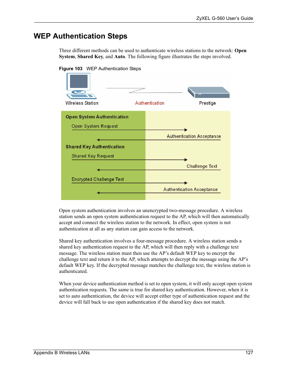 Wep authentication steps, Figure 103 wep authentication steps | ZyXEL Communications 802.11g Wireless Access Point ZyXEL G-560 User Manual | Page 127 / 144