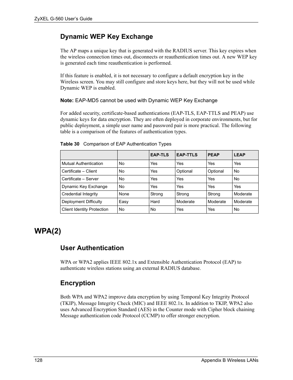 Dynamic wep key exchange, Wpa(2), User authentication | Encryption, Table 30 comparison of eap authentication types | ZyXEL Communications 802.11g Wireless Access Point ZyXEL G-560 User Manual | Page 128 / 144
