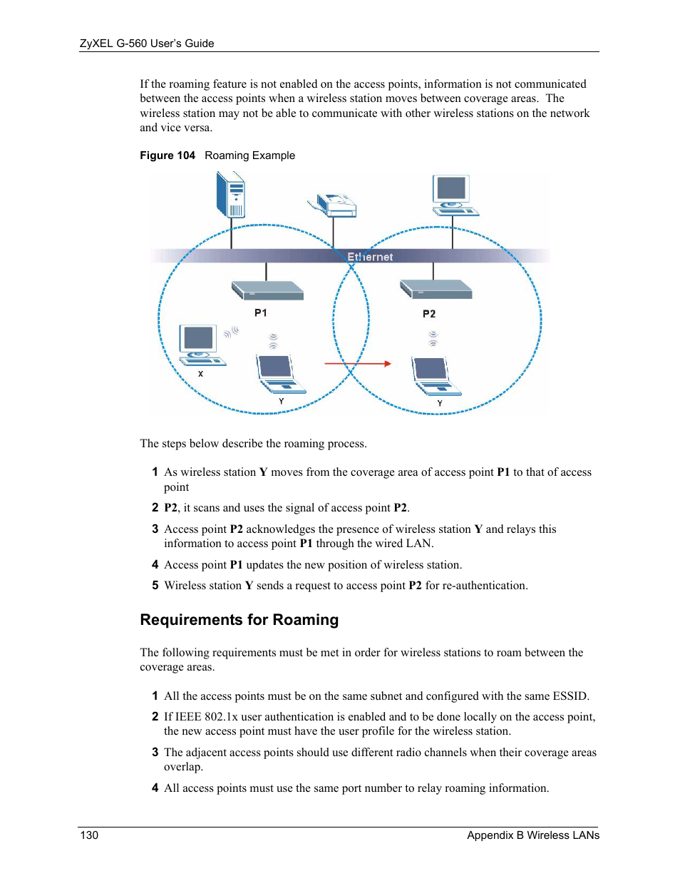 Requirements for roaming, Figure 104 roaming example | ZyXEL Communications 802.11g Wireless Access Point ZyXEL G-560 User Manual | Page 130 / 144