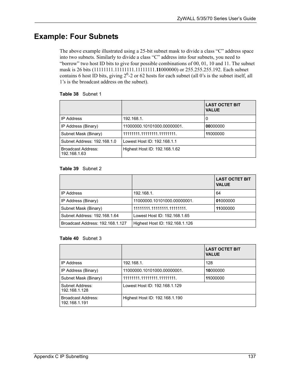 Example: four subnets, Table 38 subnet 1 | ZyXEL Communications 802.11g Wireless Access Point ZyXEL G-560 User Manual | Page 137 / 144