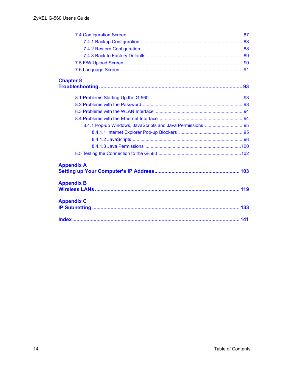 ZyXEL Communications 802.11g Wireless Access Point ZyXEL G-560 User Manual | Page 14 / 144