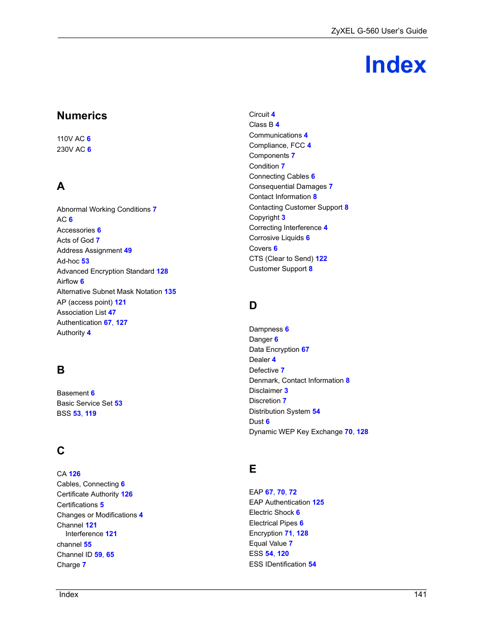 Index, Numerics | ZyXEL Communications 802.11g Wireless Access Point ZyXEL G-560 User Manual | Page 141 / 144