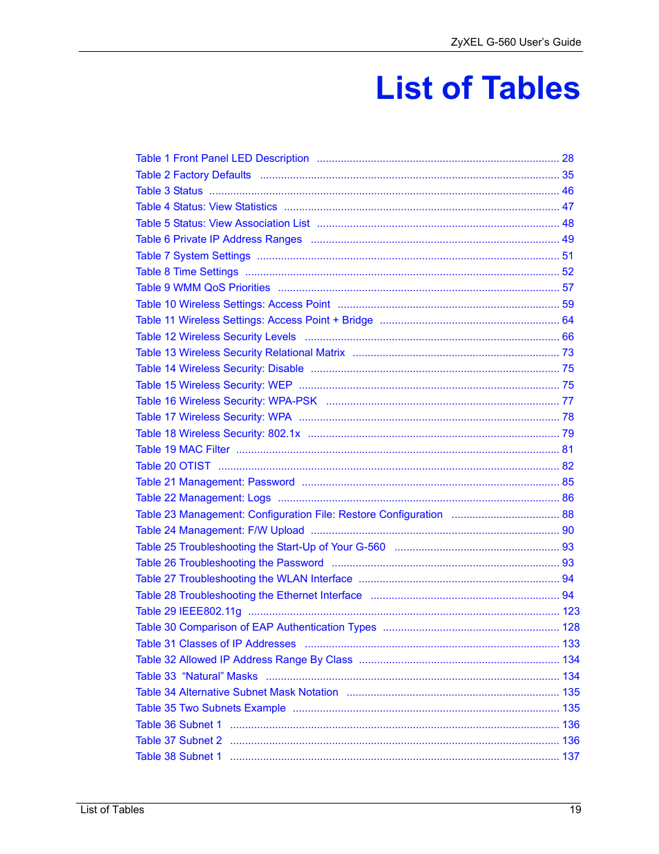 List of tables | ZyXEL Communications 802.11g Wireless Access Point ZyXEL G-560 User Manual | Page 19 / 144