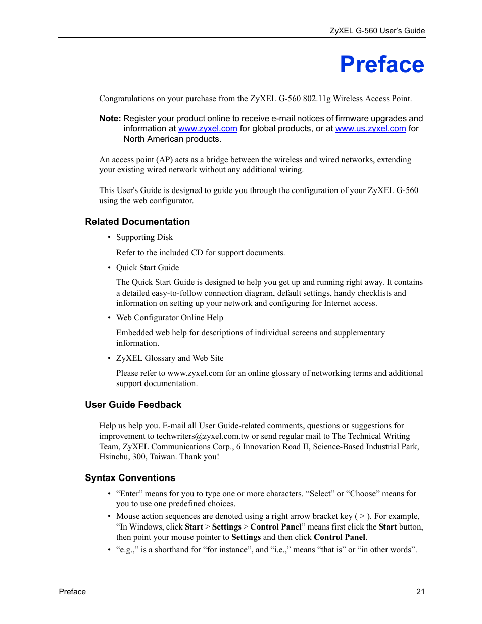 Preface | ZyXEL Communications 802.11g Wireless Access Point ZyXEL G-560 User Manual | Page 21 / 144