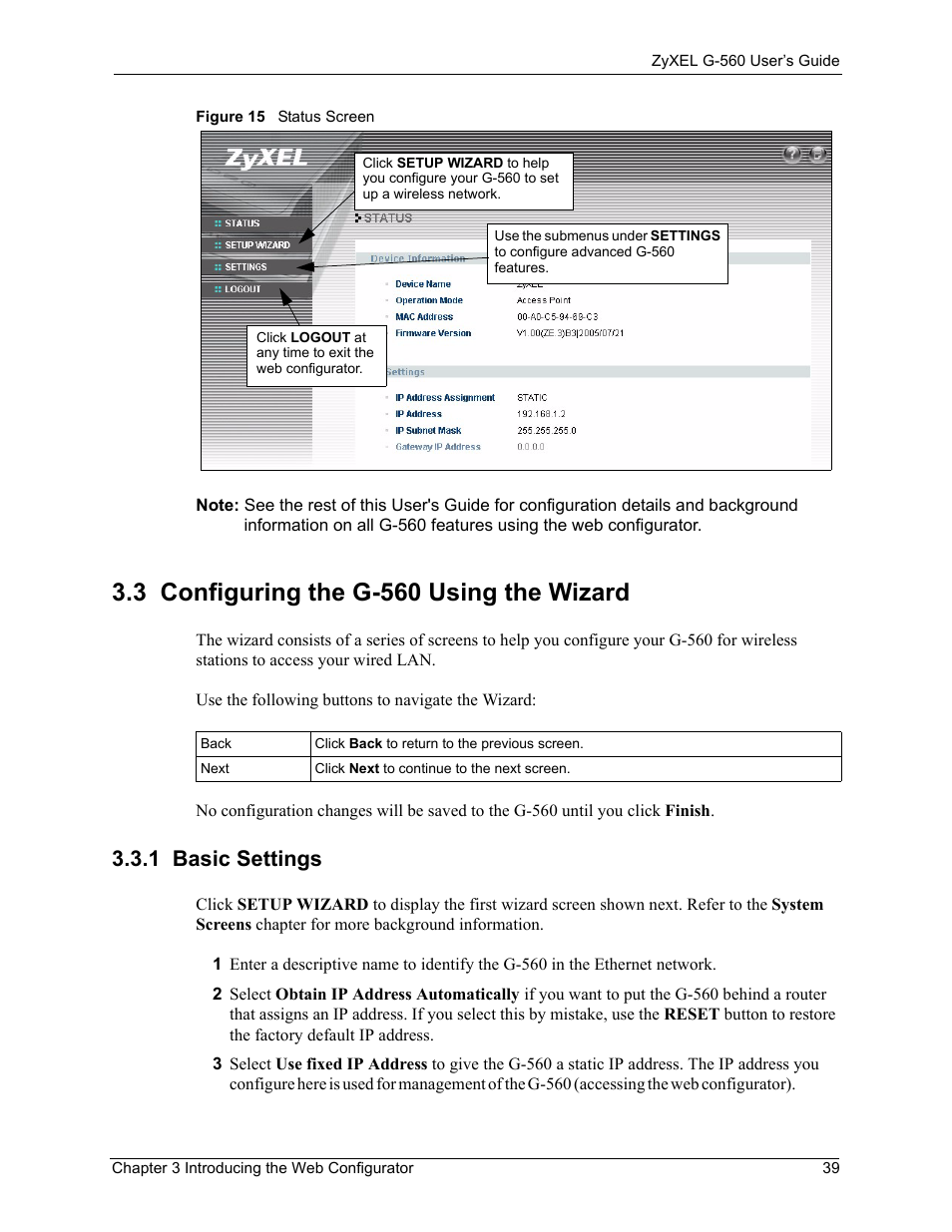 3 configuring the g-560 using the wizard, 1 basic settings, Figure 15 status screen | ZyXEL Communications 802.11g Wireless Access Point ZyXEL G-560 User Manual | Page 39 / 144