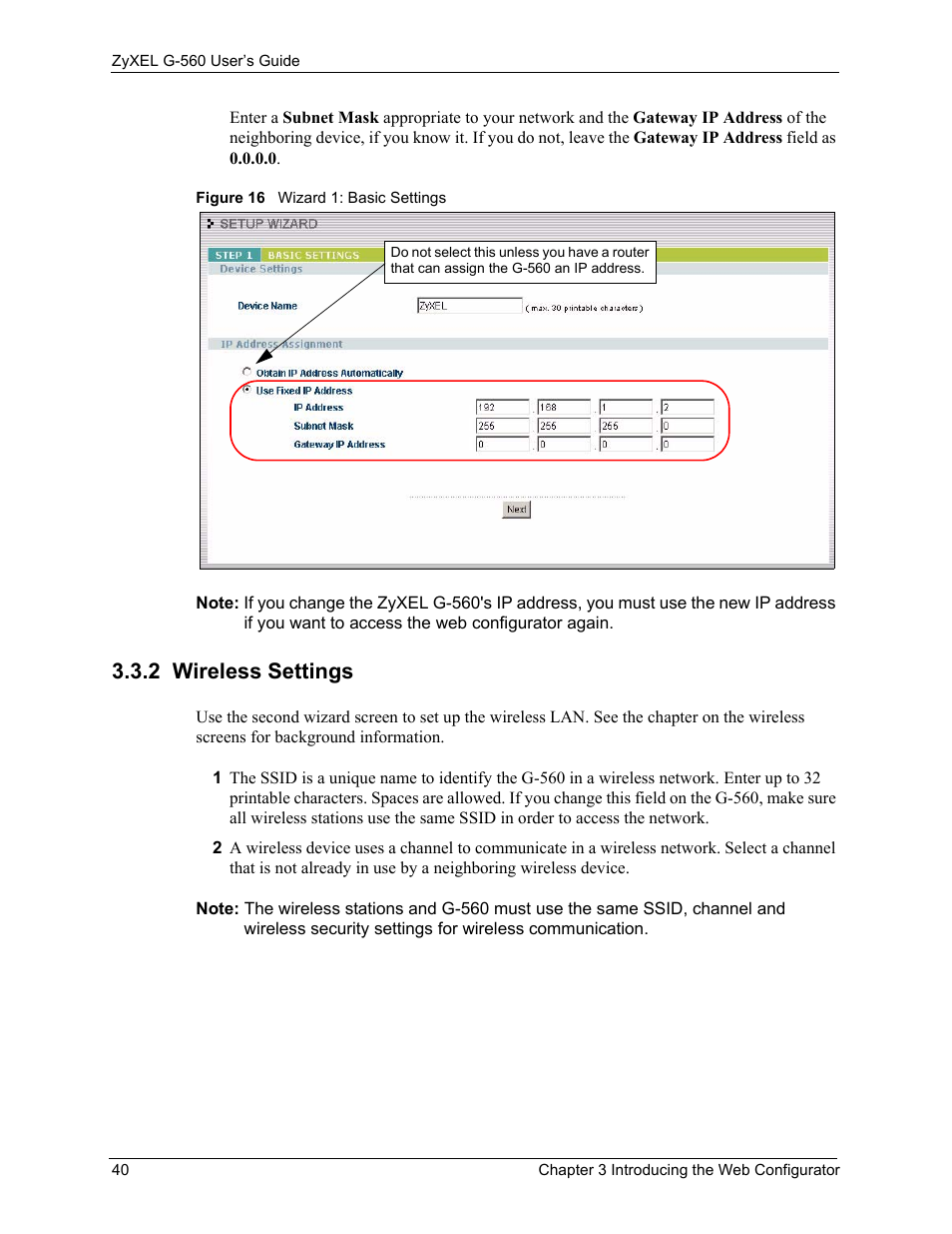 2 wireless settings, Figure 16 wizard 1: basic settings | ZyXEL Communications 802.11g Wireless Access Point ZyXEL G-560 User Manual | Page 40 / 144