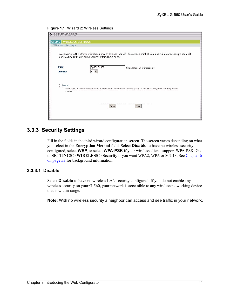 3 security settings, 1 disable, Figure 17 wizard 2: wireless settings | ZyXEL Communications 802.11g Wireless Access Point ZyXEL G-560 User Manual | Page 41 / 144