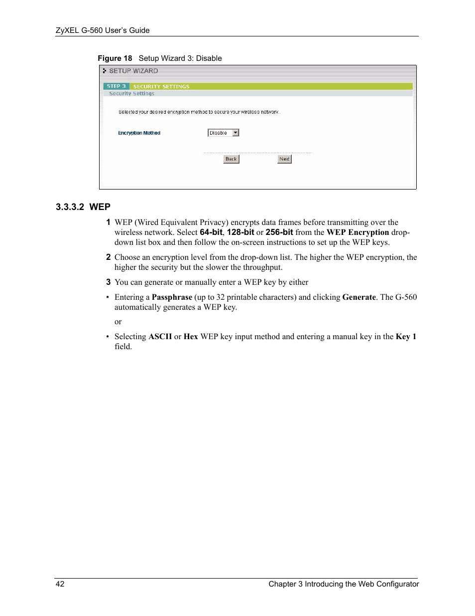 2 wep, Figure 18 setup wizard 3: disable | ZyXEL Communications 802.11g Wireless Access Point ZyXEL G-560 User Manual | Page 42 / 144