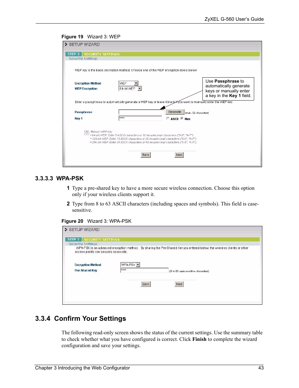 3 wpa-psk, 4 confirm your settings | ZyXEL Communications 802.11g Wireless Access Point ZyXEL G-560 User Manual | Page 43 / 144