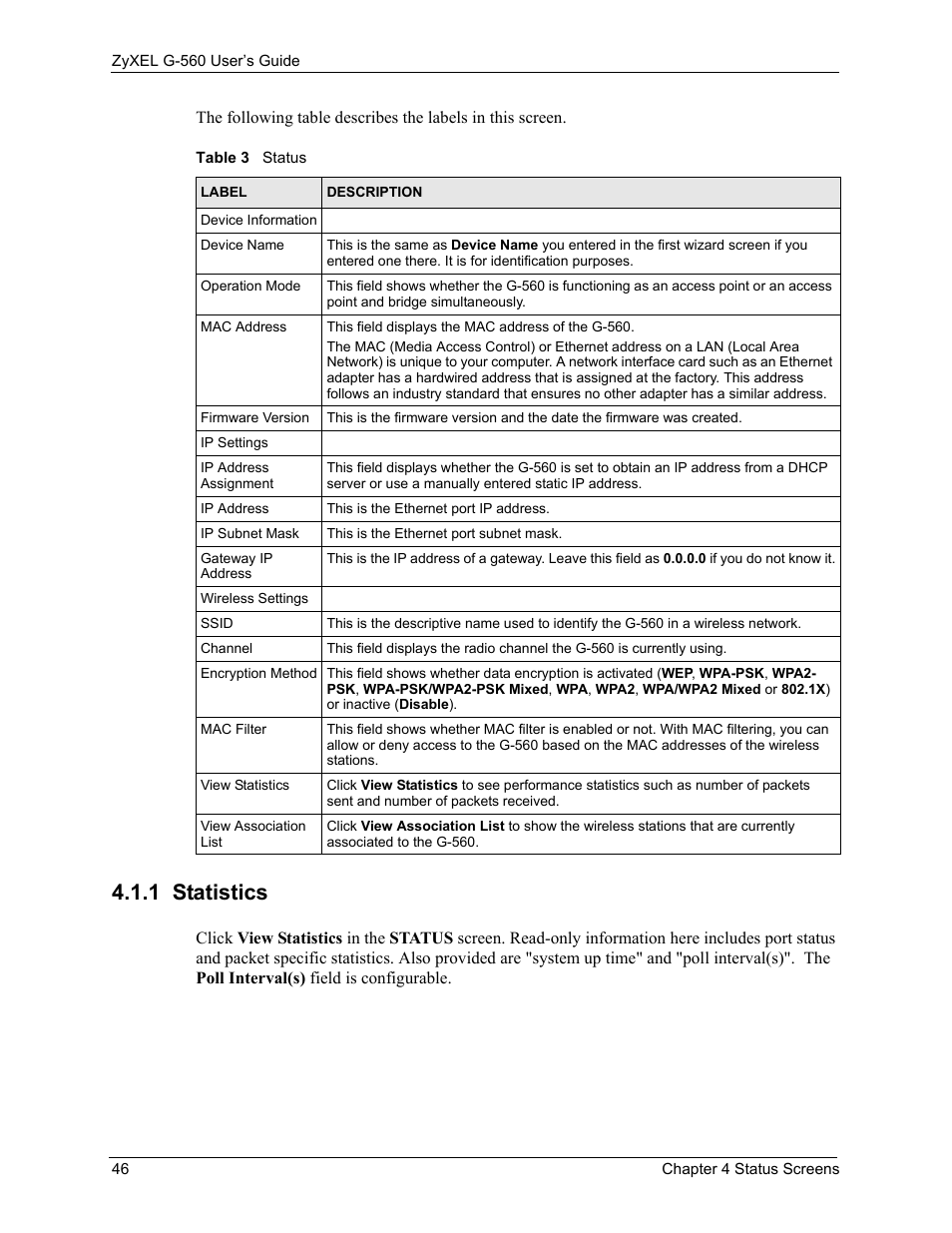 1 statistics, Table 3 status | ZyXEL Communications 802.11g Wireless Access Point ZyXEL G-560 User Manual | Page 46 / 144