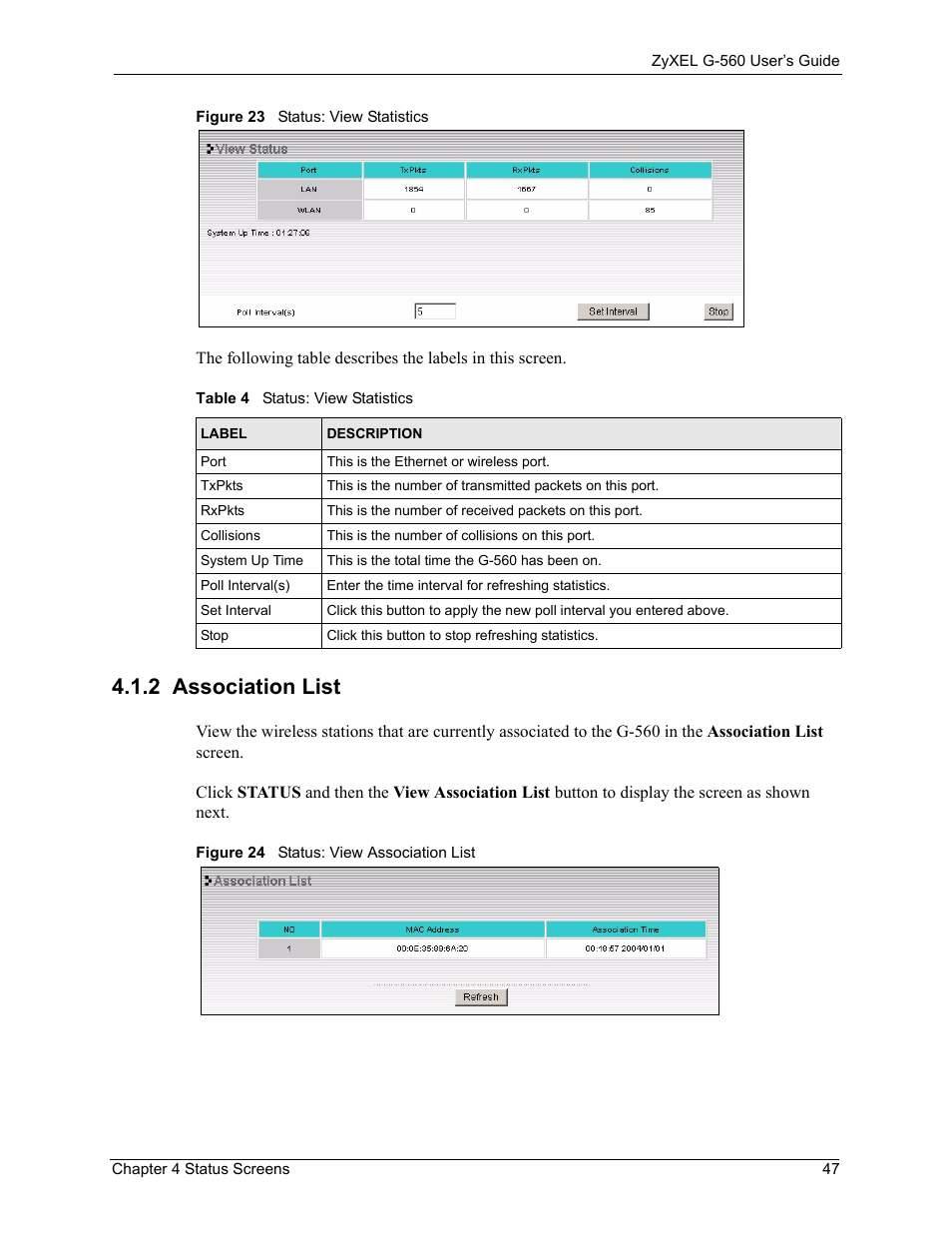 2 association list, Table 4 status: view statistics | ZyXEL Communications 802.11g Wireless Access Point ZyXEL G-560 User Manual | Page 47 / 144