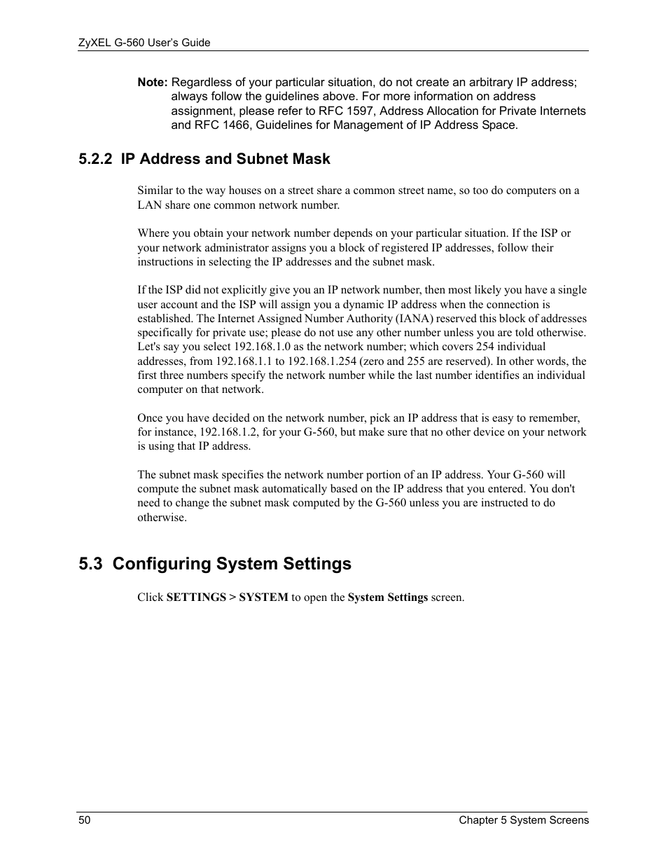 2 ip address and subnet mask, 3 configuring system settings | ZyXEL Communications 802.11g Wireless Access Point ZyXEL G-560 User Manual | Page 50 / 144