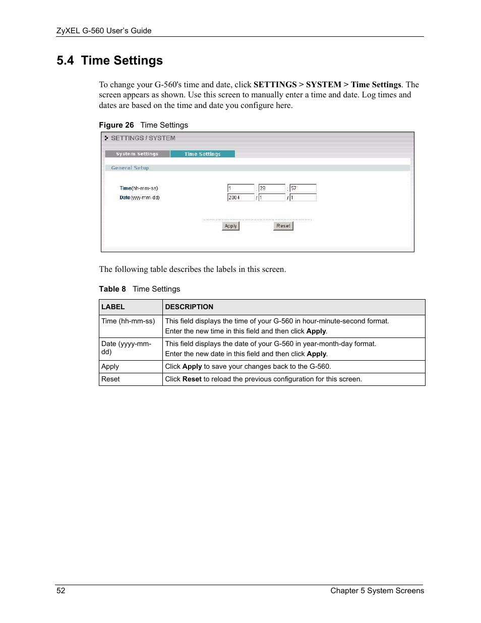 4 time settings, Figure 26 time settings, Table 8 time settings | ZyXEL Communications 802.11g Wireless Access Point ZyXEL G-560 User Manual | Page 52 / 144