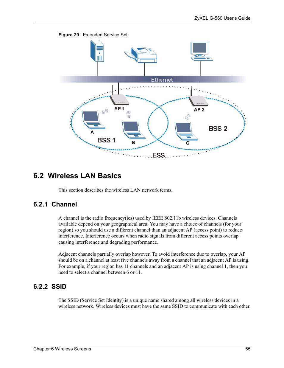 2 wireless lan basics, 1 channel, 2 ssid | 1 channel 6.2.2 ssid, Figure 29 extended service set | ZyXEL Communications 802.11g Wireless Access Point ZyXEL G-560 User Manual | Page 55 / 144