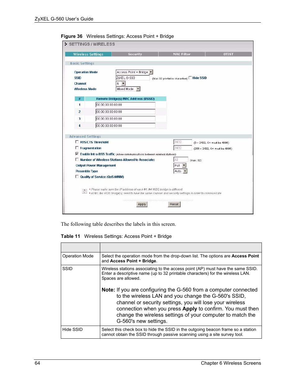 Figure 36 wireless settings: access point + bridge, Table 11 wireless settings: access point + bridge | ZyXEL Communications 802.11g Wireless Access Point ZyXEL G-560 User Manual | Page 64 / 144