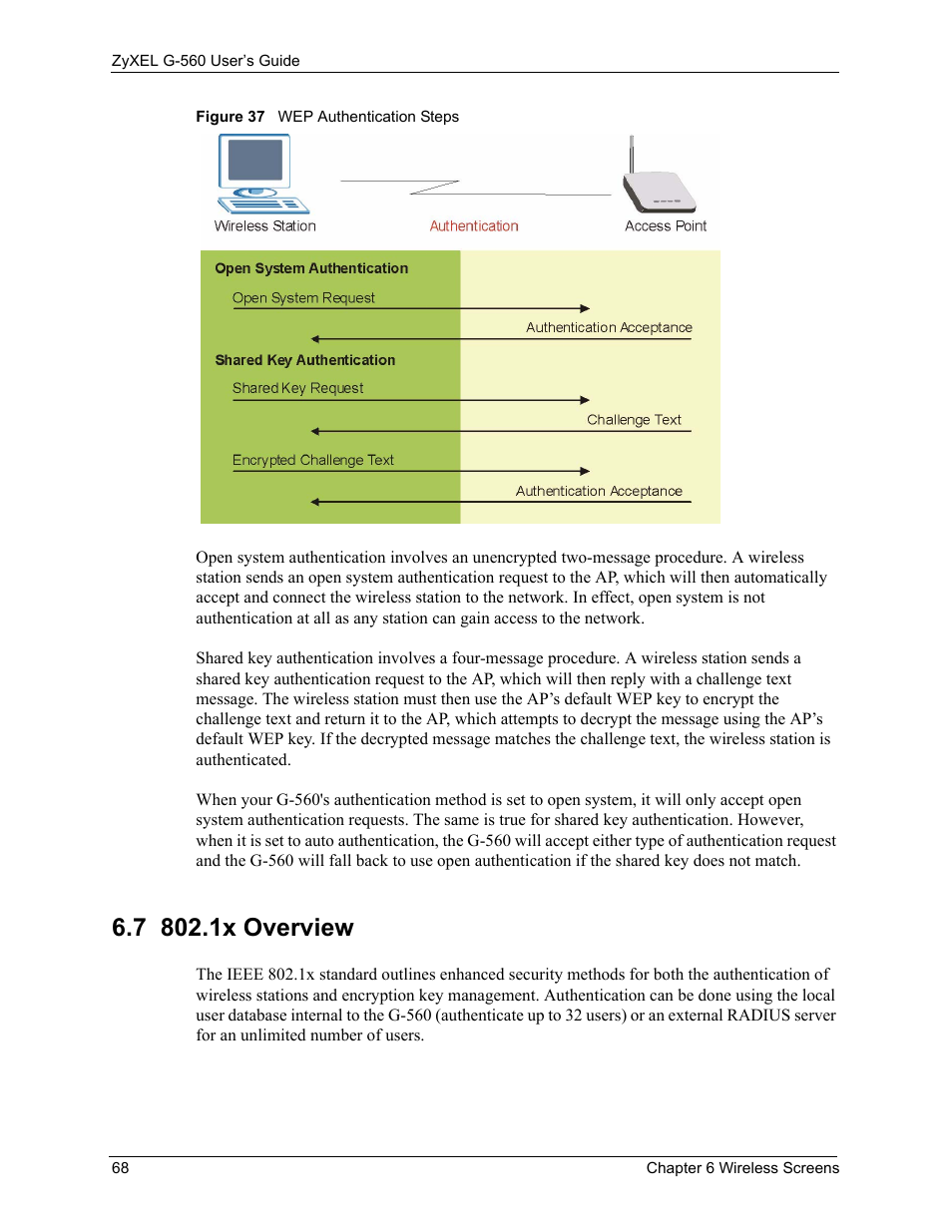 7 802.1x overview, Figure 37 wep authentication steps | ZyXEL Communications 802.11g Wireless Access Point ZyXEL G-560 User Manual | Page 68 / 144