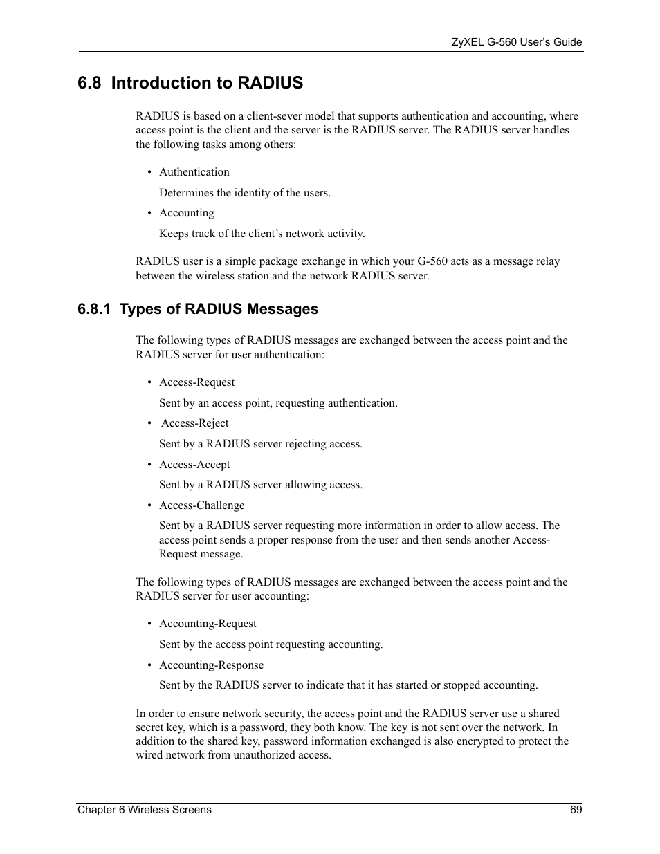 8 introduction to radius, 1 types of radius messages | ZyXEL Communications 802.11g Wireless Access Point ZyXEL G-560 User Manual | Page 69 / 144