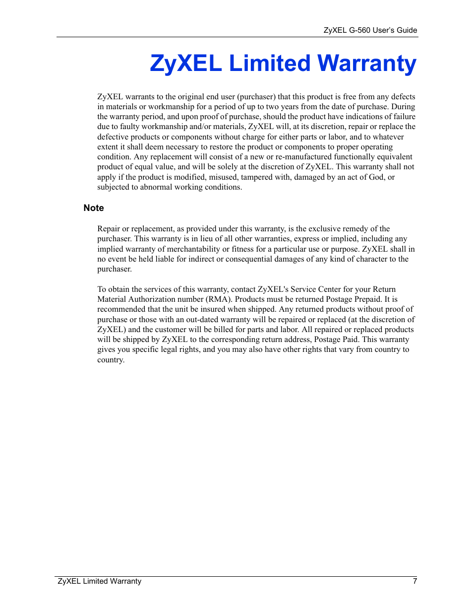 Zyxel limited warranty | ZyXEL Communications 802.11g Wireless Access Point ZyXEL G-560 User Manual | Page 7 / 144