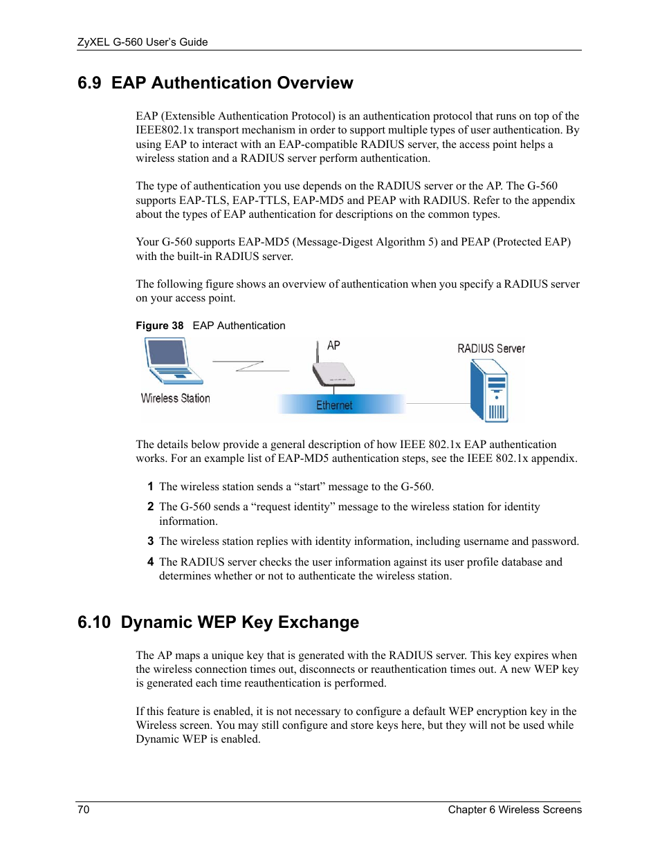 9 eap authentication overview, 10 dynamic wep key exchange, Figure 38 eap authentication | ZyXEL Communications 802.11g Wireless Access Point ZyXEL G-560 User Manual | Page 70 / 144