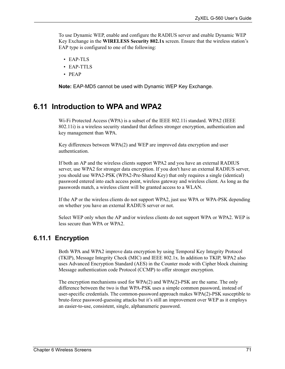 11 introduction to wpa and wpa2, 1 encryption | ZyXEL Communications 802.11g Wireless Access Point ZyXEL G-560 User Manual | Page 71 / 144