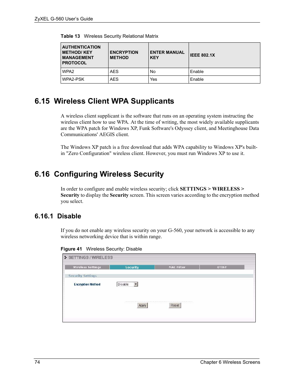 15 wireless client wpa supplicants, 16 configuring wireless security, 1 disable | Figure 41 wireless security: disable | ZyXEL Communications 802.11g Wireless Access Point ZyXEL G-560 User Manual | Page 74 / 144