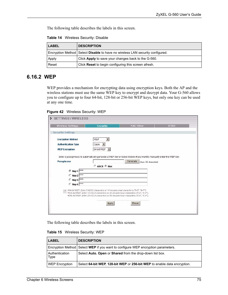 2 wep, Figure 42 wireless security: wep | ZyXEL Communications 802.11g Wireless Access Point ZyXEL G-560 User Manual | Page 75 / 144